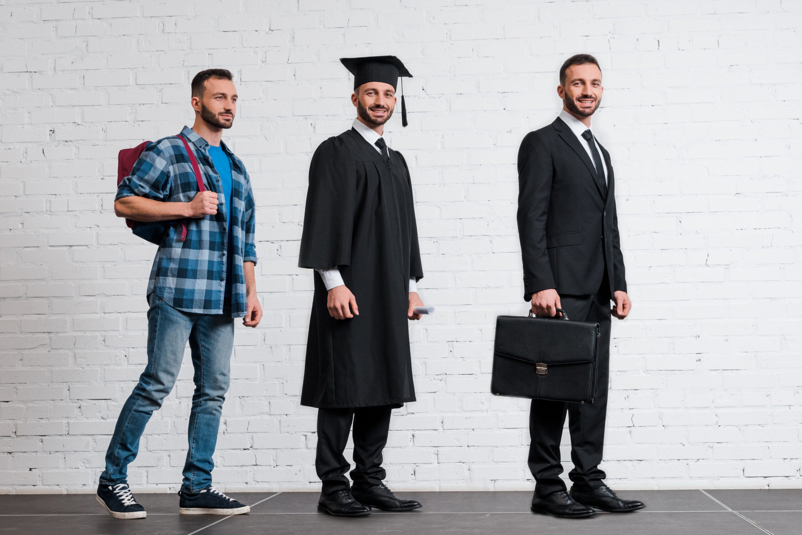 collage of student with backpack and businessman, evolution concept